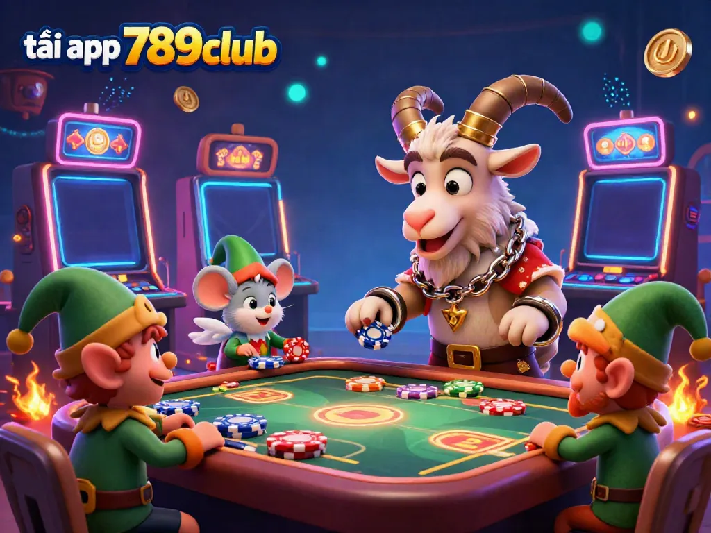 Engage with the gaming excitement of tải app 789club illustrated with lively characters and colorful slot machines.