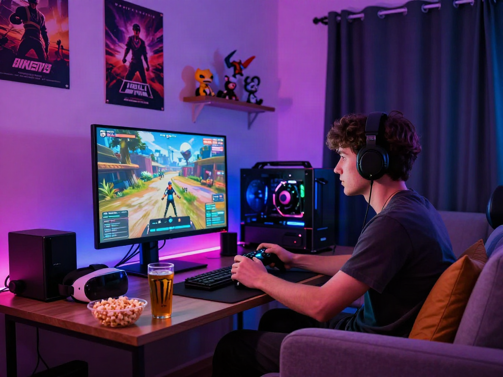 Young gamer engaged in porngames with vibrant setup in cozy living room.