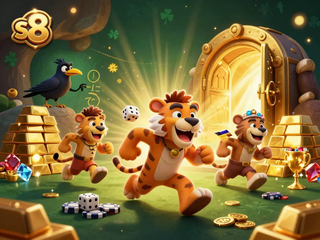 S8 captivates with its vibrant, dynamic casino scene featuring cavemen and treasures.