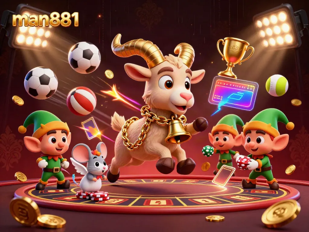 Engage in thrilling gameplay at man881 with a festive casino scene featuring Krampus and vivid sports elements.