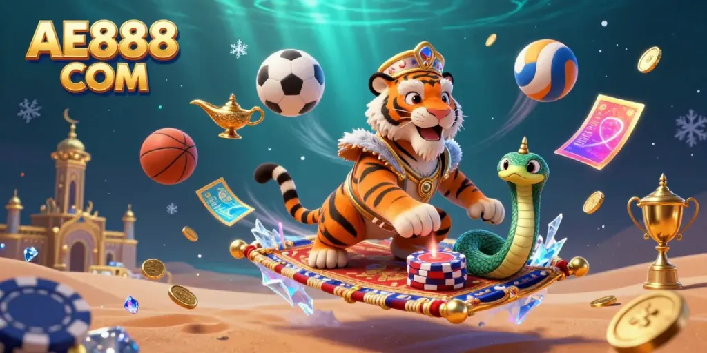 Experience the excitement of AE888 COM with a playful illustration featuring characters and dynamic sports elements.