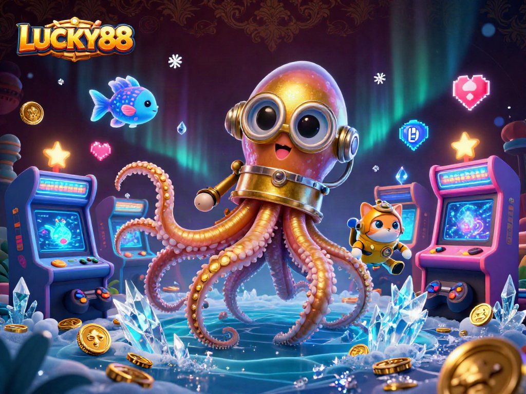 Play LUCKY88 with golden kraken, diving cat, and vibrant casino elements.
