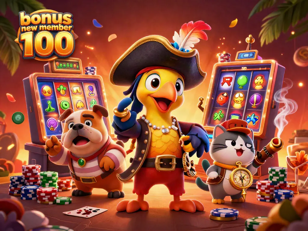 Experience excitement with bonus new member 100 in a vibrant casino scene featuring cartoon characters.