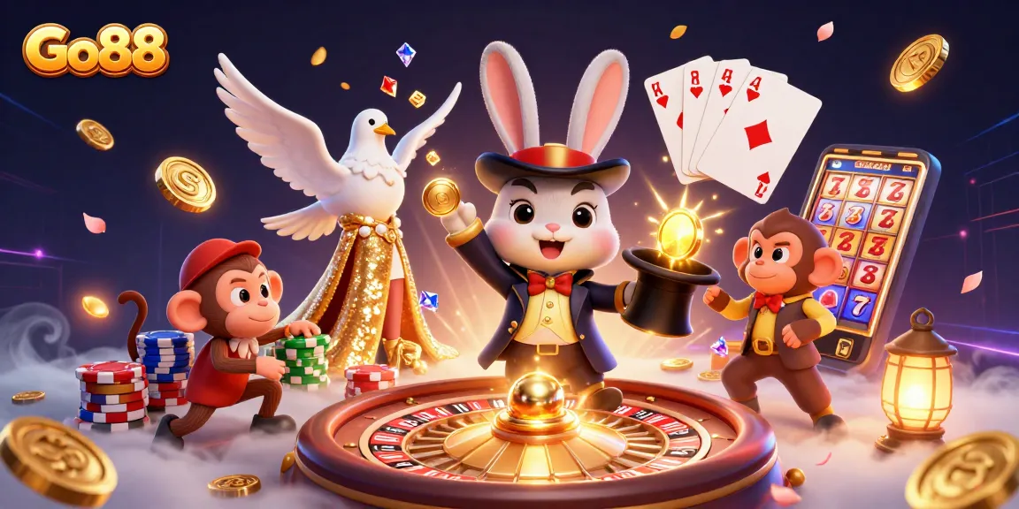 Experience the thrill of Go88 with a magician rabbit, sparkling coins, and vibrant casino elements.