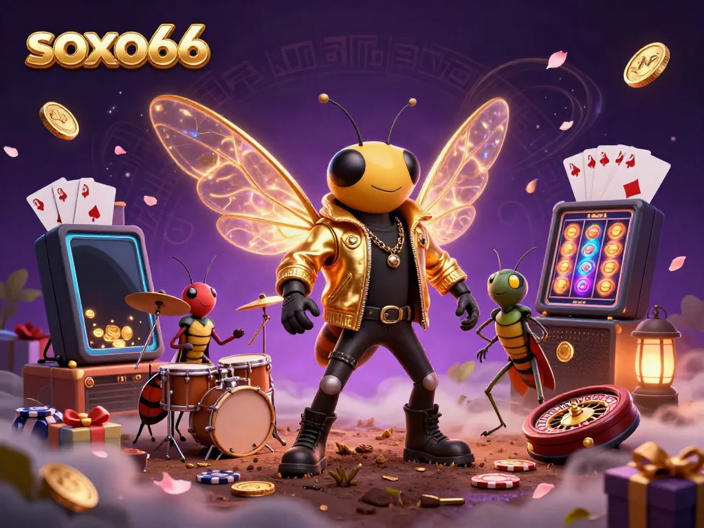 Experience the excitement of soxo66 with vibrant characters in a dynamic 3D casino illustration.