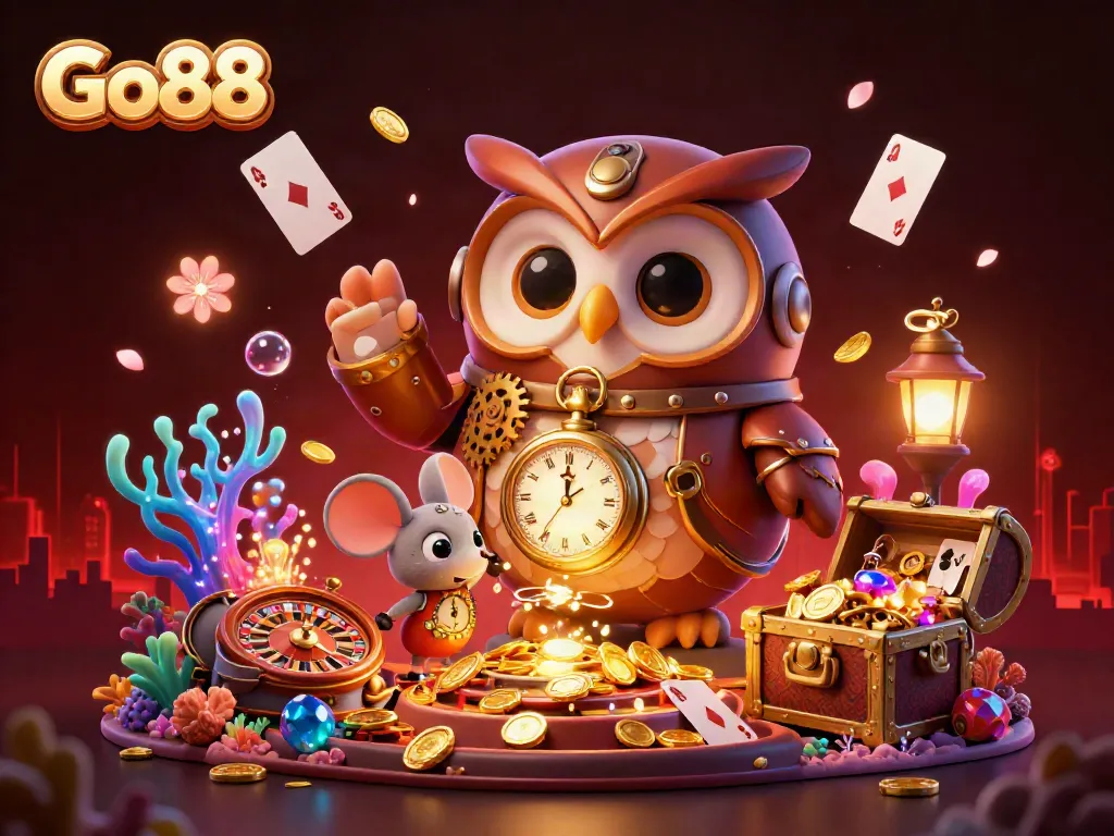 Experience the Go88 gaming adventure with fun characters and exciting casino elements in a vibrant illustration.