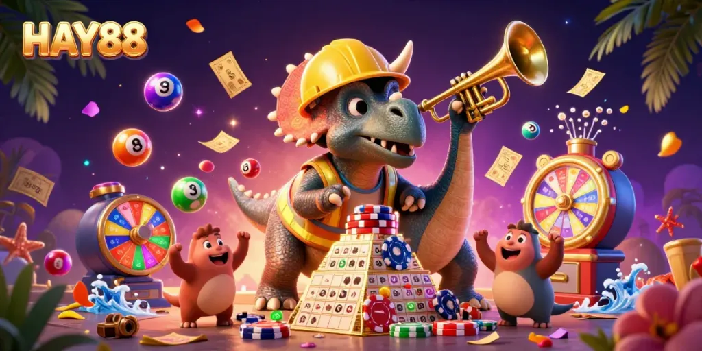 Experience the thrill of HAY88 gaming with energetic 3D characters celebrating wins in a vibrant casino scene.