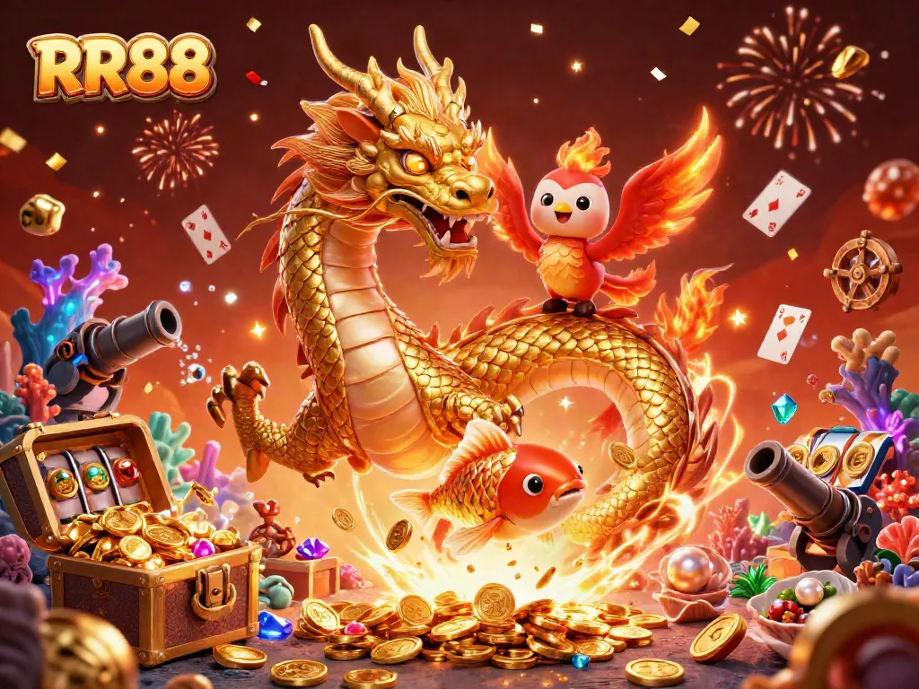 Explore exciting gaming experiences at RR88 with vibrant dragons and coins raining down.