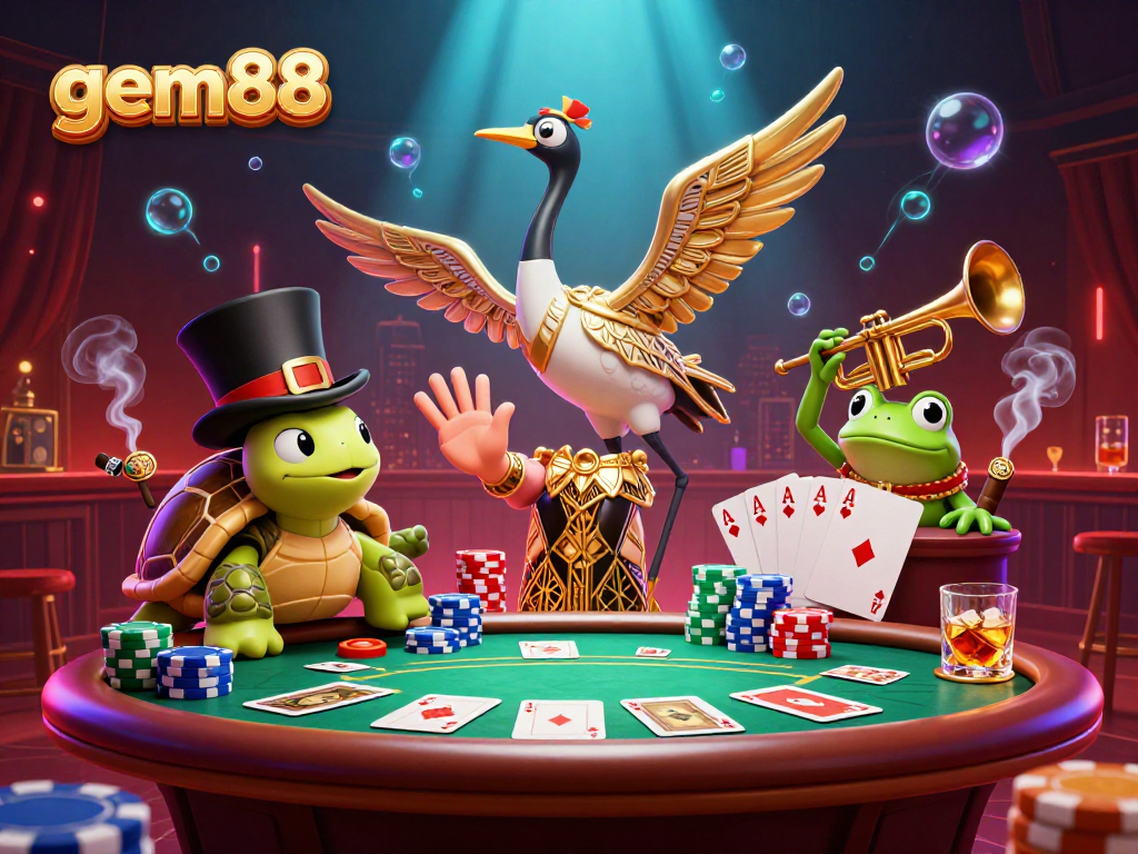 Join gem88's high-stakes excitement at a lively poker table with colorful chips and vibrant characters!