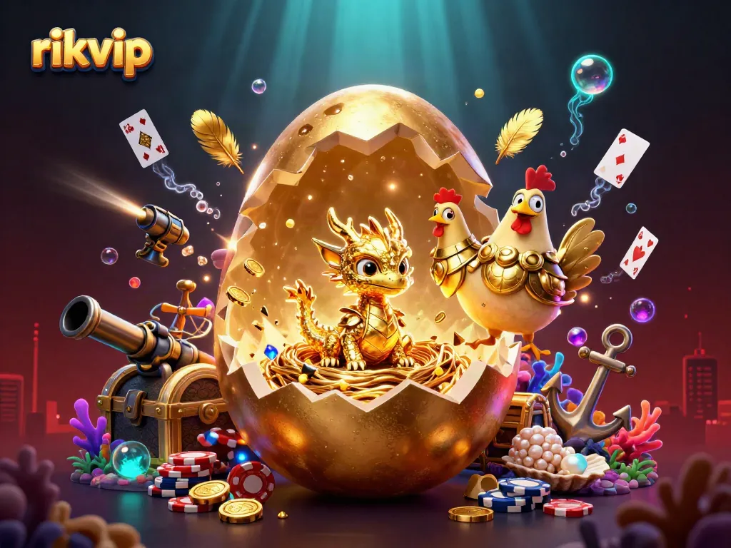 Play games like rikvip with golden dragon and poker chips in a vibrant casino scene.