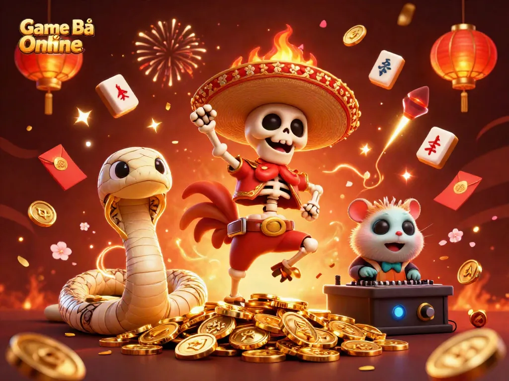 Engaging 3D scene showcasing Game Bài Online characters celebrating with festive elements.
