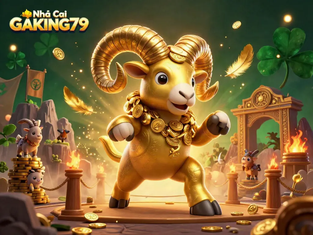 Bet on Nhà cái GAKING79 with vibrant 3D illustration showcasing a golden ram charging through a gambling arena
