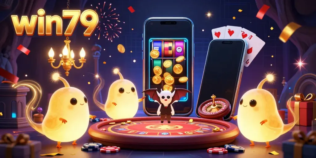 Engage with win79 in this vibrant 3D scene showcasing a glowing cave casino with unique characters and game elements.