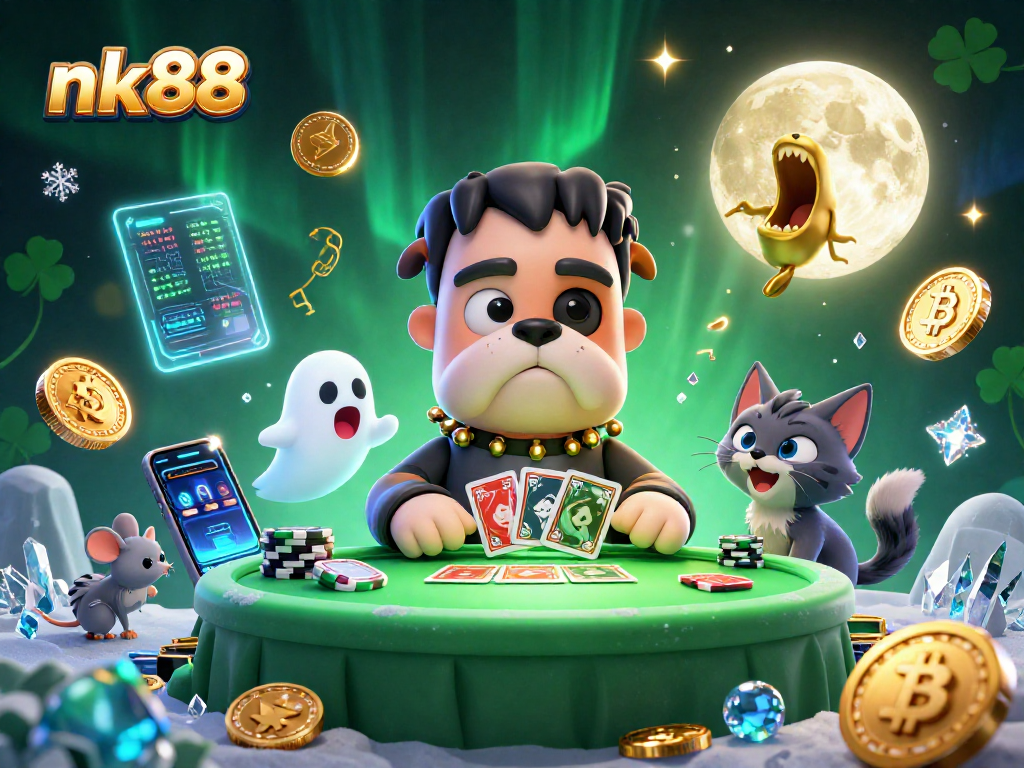 Experience exciting gaming at nk88 with a vibrant 3D illustration of a bulldog dealing cards.