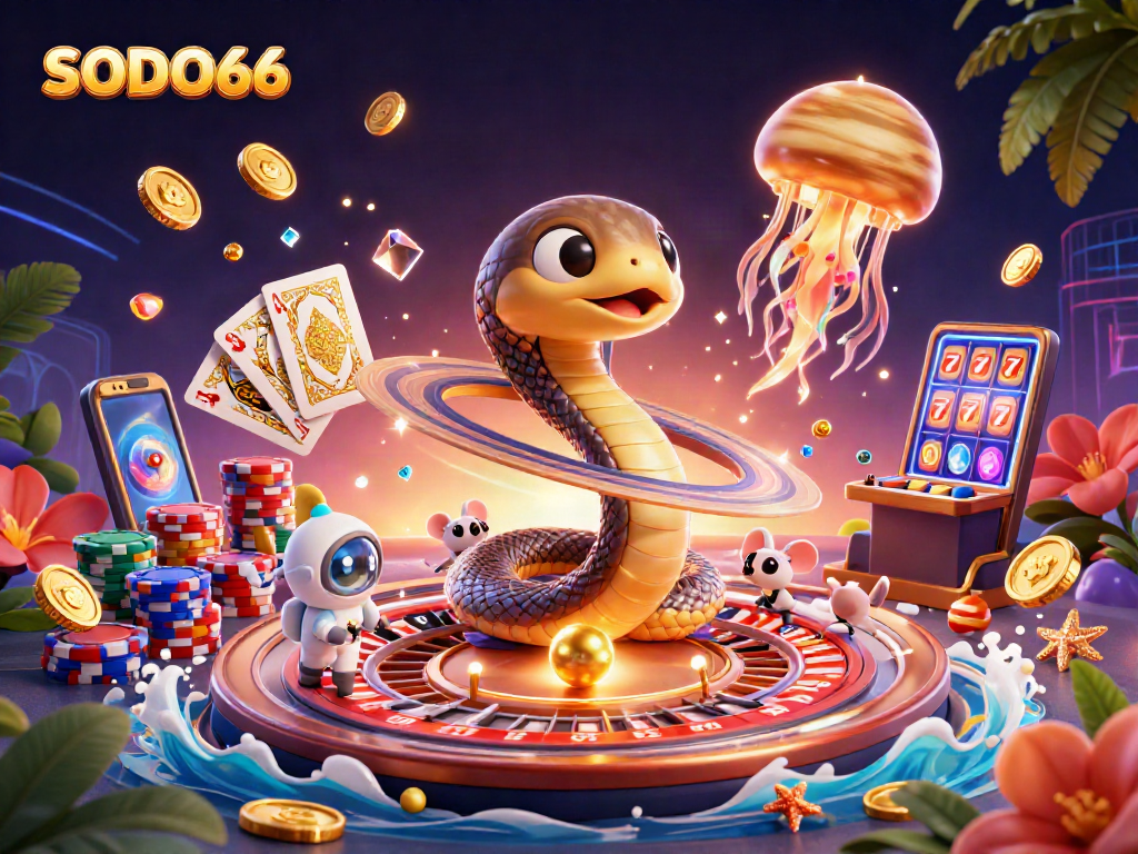 Experience exciting bets at SODO66 with a coiled Saturn ring snake roulette wheel and playful astronaut mice.