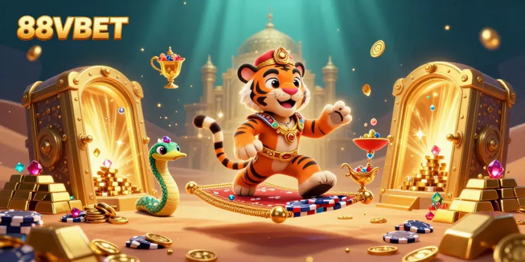 Experience the vibrant magic of 88VBET with our immersive 3D casino scene featuring treasure and fun.