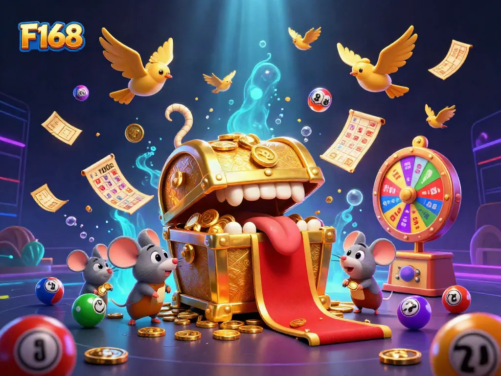 Experience F168’s thrilling casino adventure with golden treasures, lottery balls, and gaming excitement!