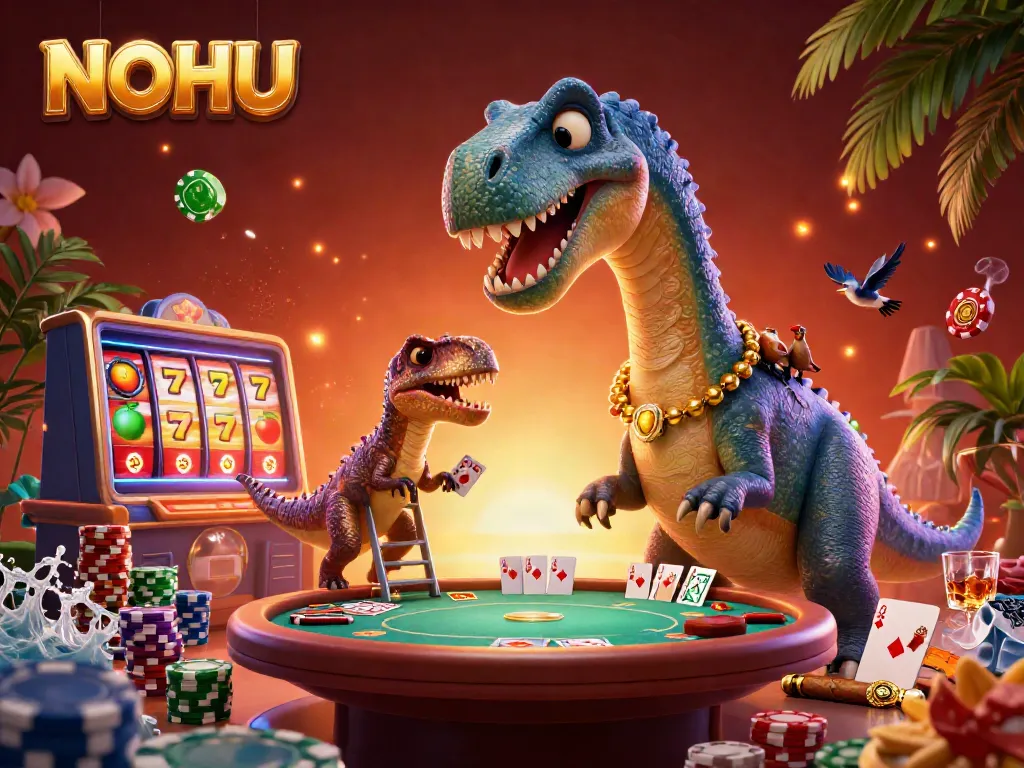 Play thrilling slots and poker with NOHU’s vibrant casino scene featuring a playful brontosaurus.