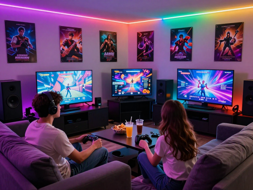 Exciting gaming lounge where players enjoy immersive porn games on a big screen.