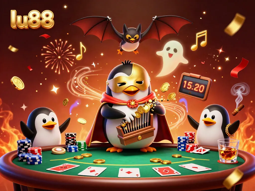 lu88 casino penguin playing an organ surrounded by poker elements and celebrations
