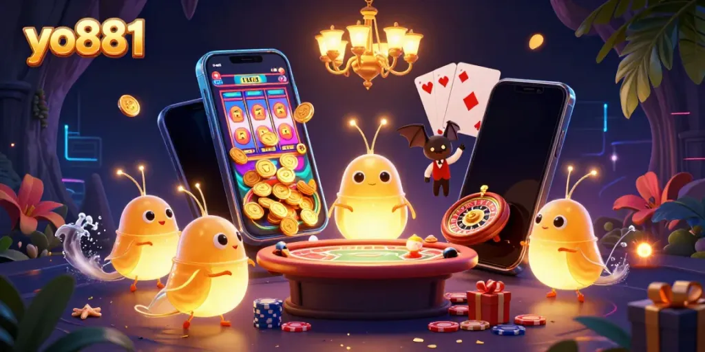 Experience the vibrant excitement of yo881 with 3D glowworms illuminating an immersive casino scene.