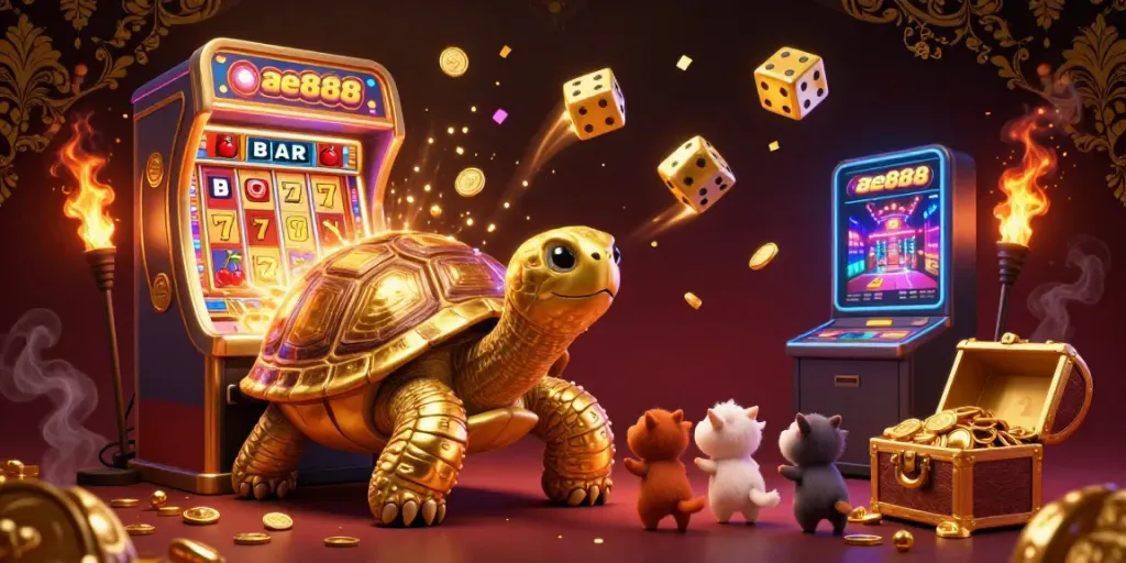 Experience the thrill of ae888 slots with a golden tortoise and exciting casino elements in vibrant 3D.
