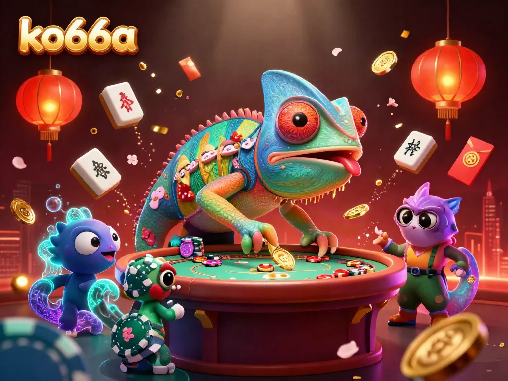 Engage in vibrant casino excitement with the animated ko66a chameleon, surrounded by colorful game elements.