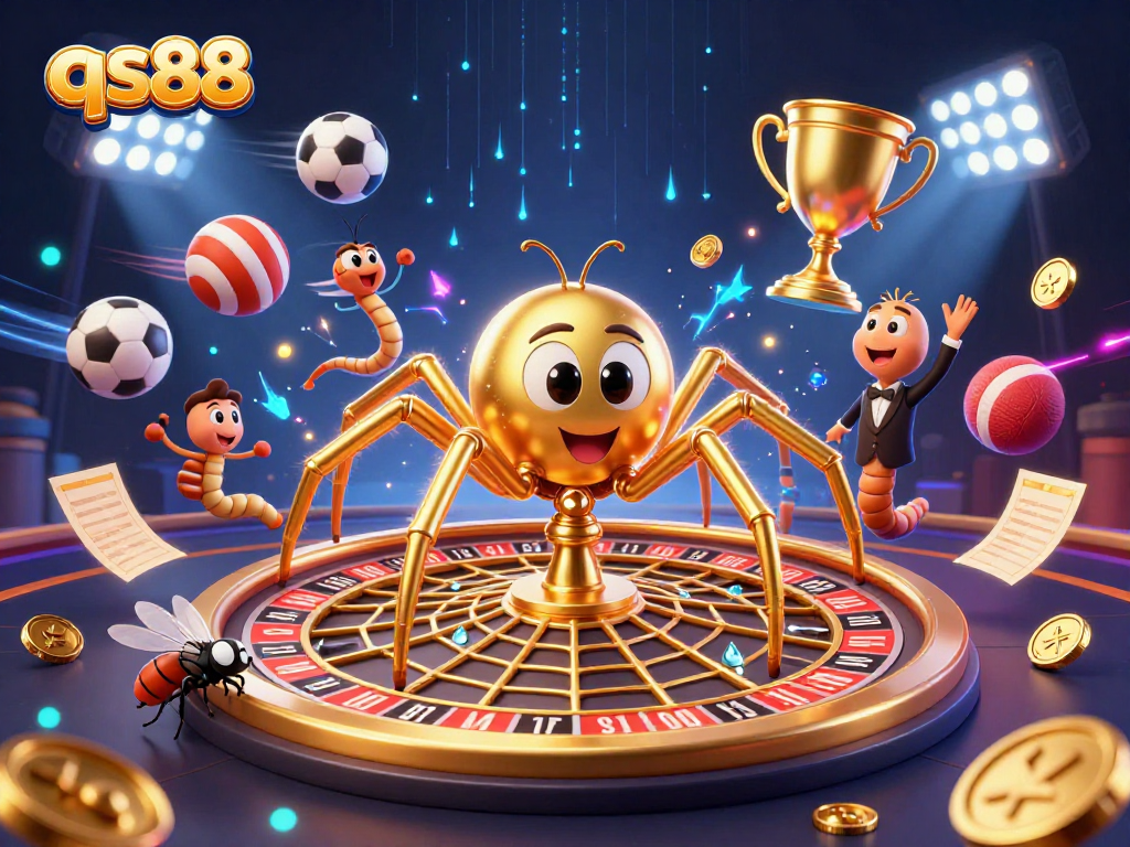 qs88 showcases a dynamic casino scene with a golden spider, fly, and centipede croupier spinning a roulette wheel