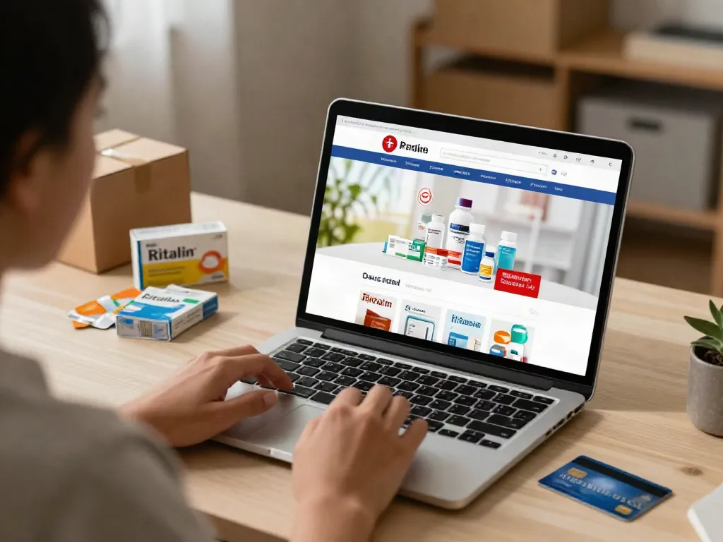 Buy Ritalin online shopping scene with products and deals visible.