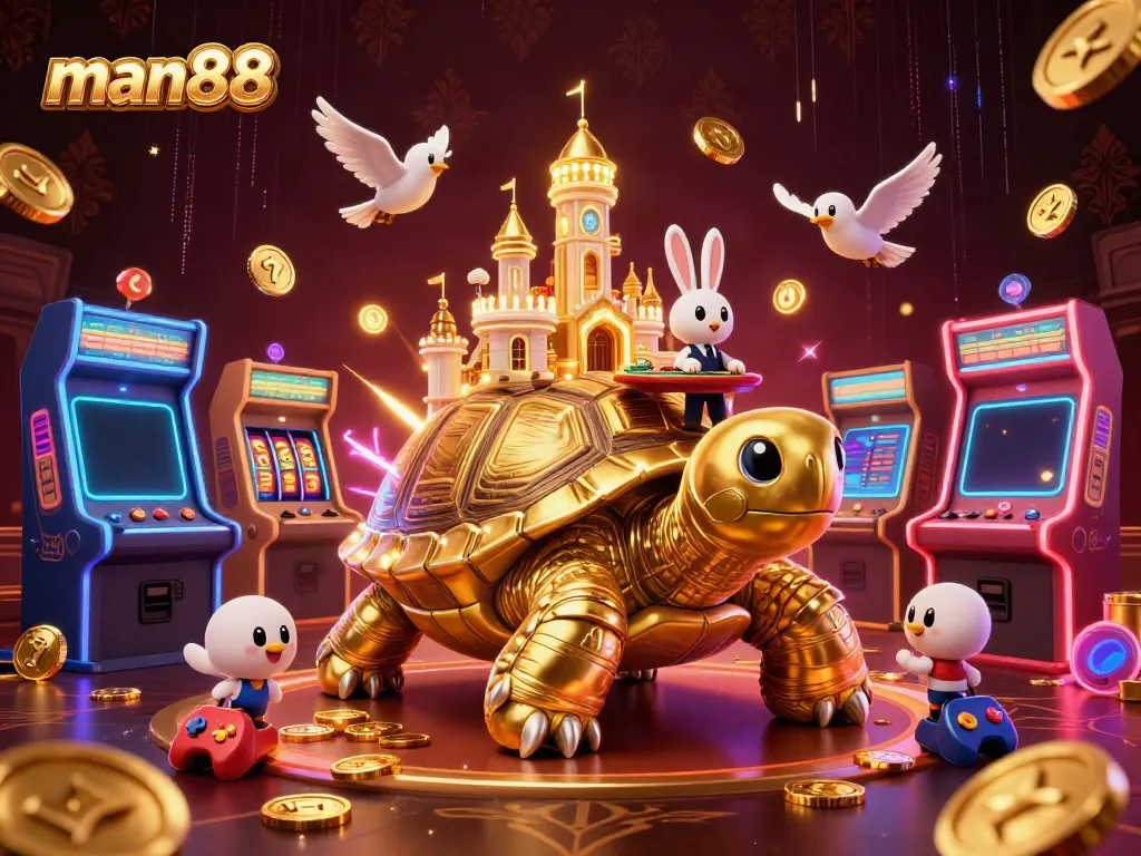 Experience the thrill of man88 with a golden tortoise casino, vibrant gaming elements, and exciting action.