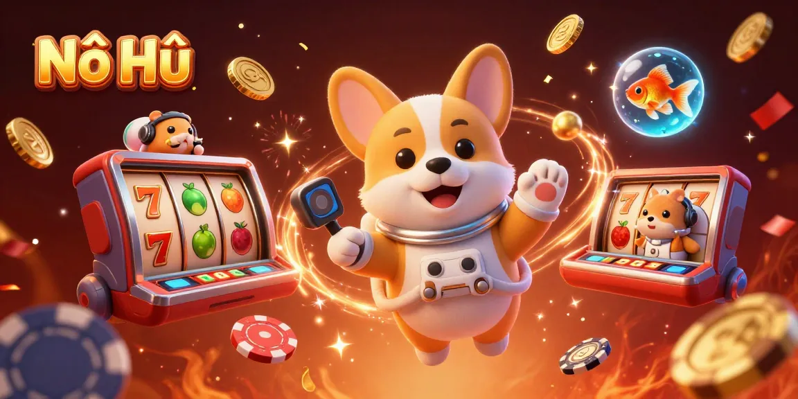 Nổ Hũ exciting slot experience with a whimsical 3D cartoon space casino scene, featuring an astronaut corgi and a hamster.