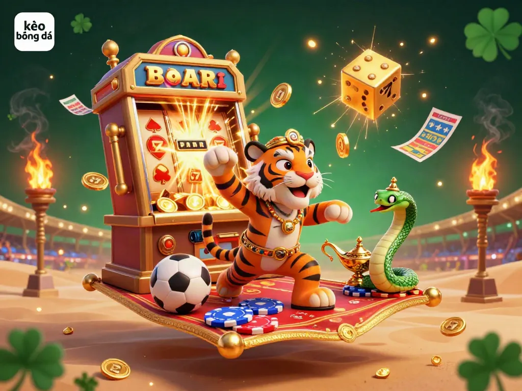 Engage with kèo bóng đá through a vibrant 3D sports betting scene featuring a tiger sultan and dynamic game elements.