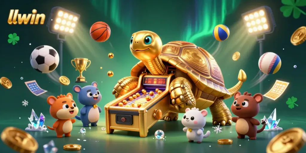 Experience exciting gameplay with llwin's vibrant 3D casino illustration featuring a golden tortoise pinball machine.