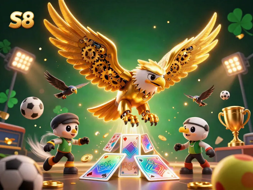 Experience thrilling gameplay at S8 with golden eagle diving through holographic cards and sports elements.