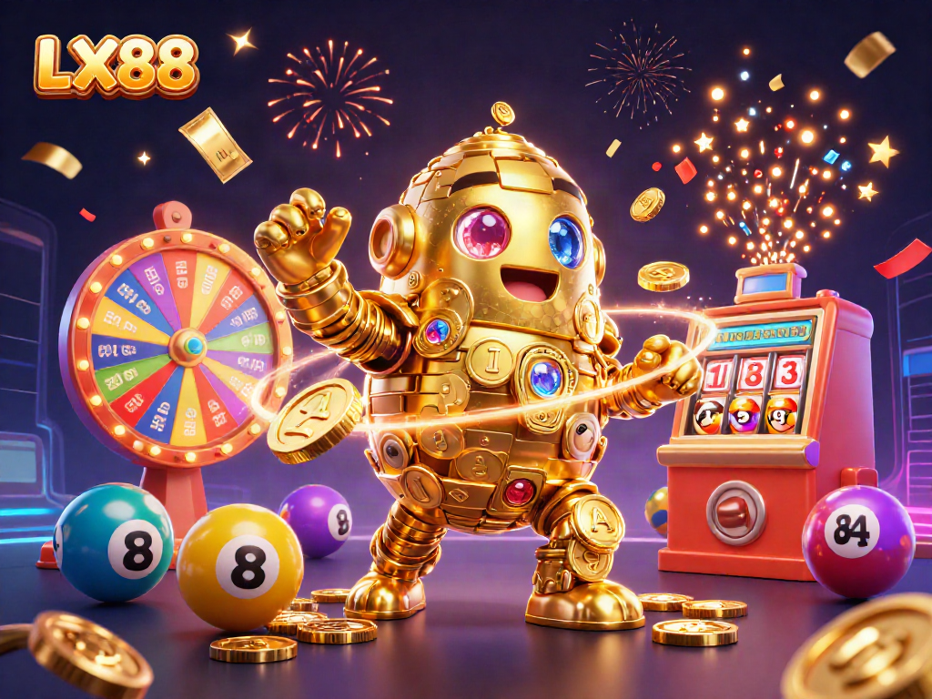 Engage in thrilling gameplay with LX88, showcasing a dynamic 3D illustration of slots and exciting casino elements.