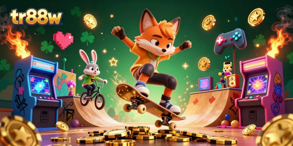 Engage in exciting gameplay with tr88w's vibrant casino-themed illustration showcasing dynamic characters and elements.