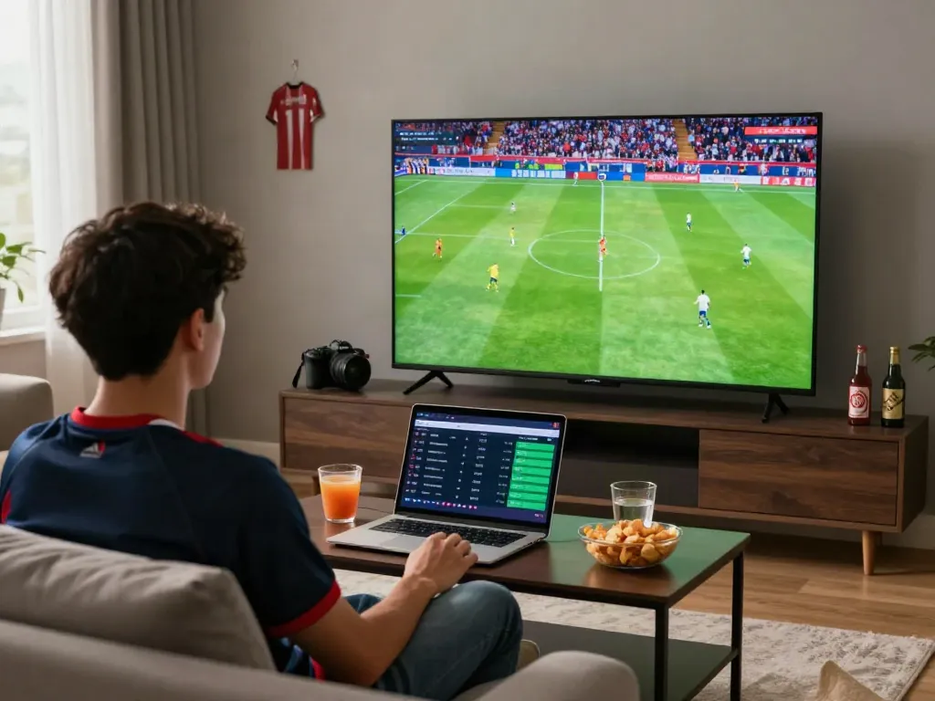 Viewer enjoying an intense soccer match on Socolive while analyzing odds and statistics, creating an immersive experience.