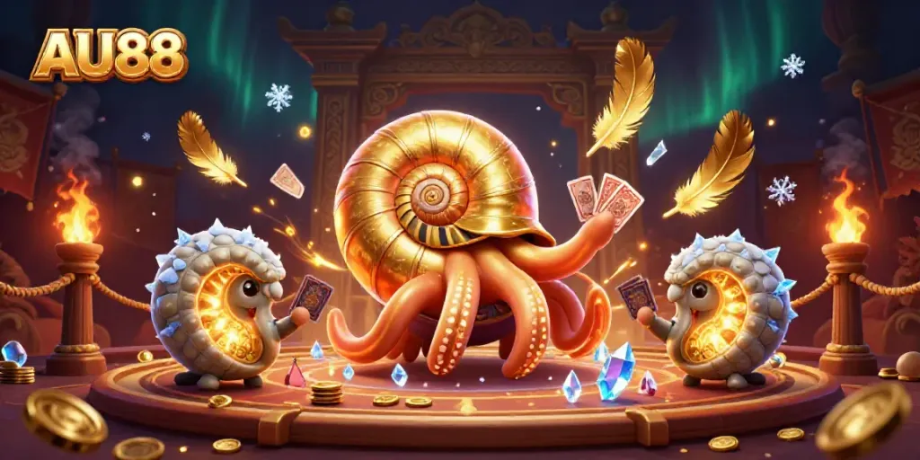 Experience the thrill of AU88 with a vibrant 3D casino scene featuring a nautilus roulette wheel.