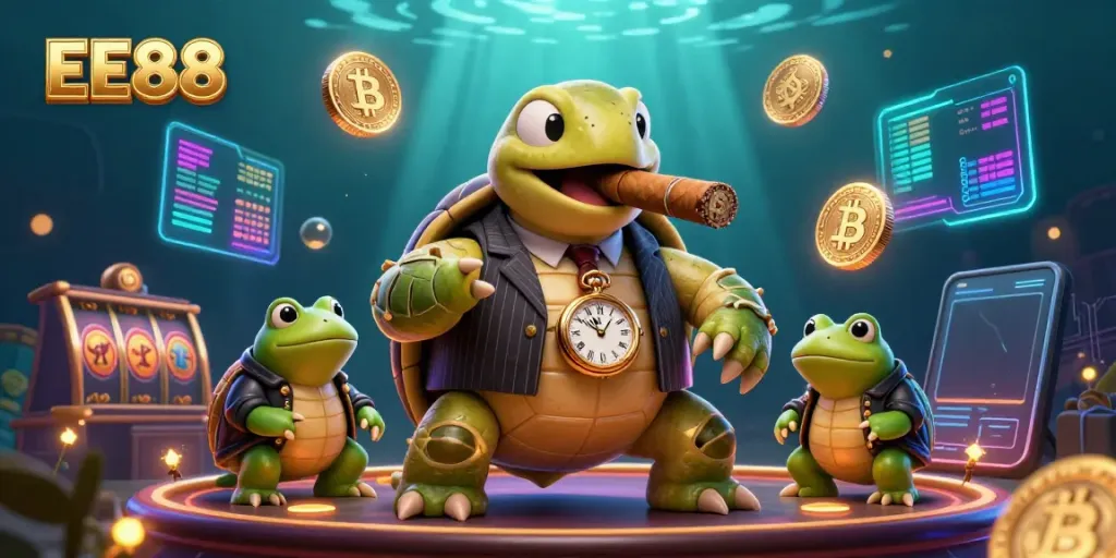 Join the action at EE88 with a whimsical scene featuring a cartoon turtle in a casino.