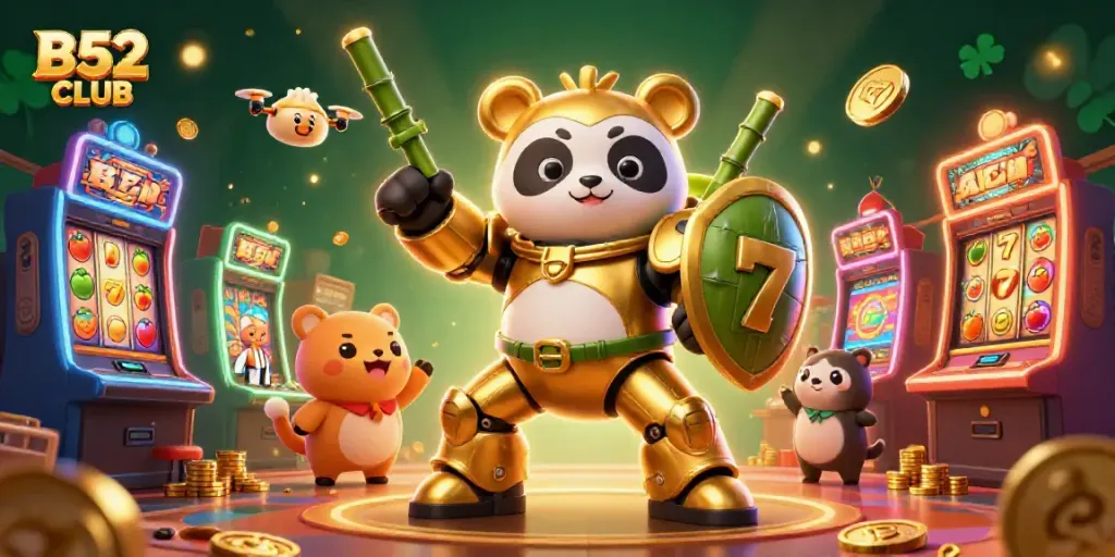 B52 CLUB casino scene featuring a golden panda robot, slot machines, and glowing elements for excitement.