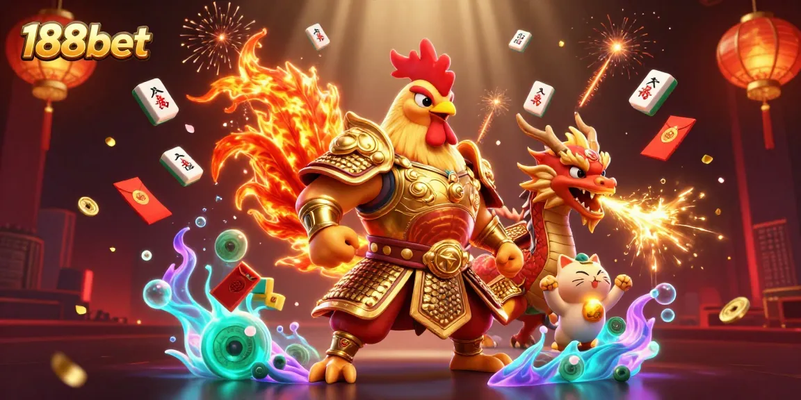 Experience thrilling gaming action with 188bet featuring a rooster warrior, dragon and traditional casino elements.