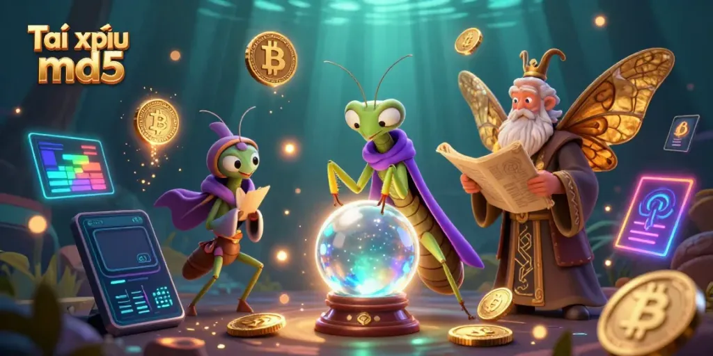 Engage with Tài xỉu md5 through this vibrant scene showcasing a mystical fortune teller and vibrant game elements.