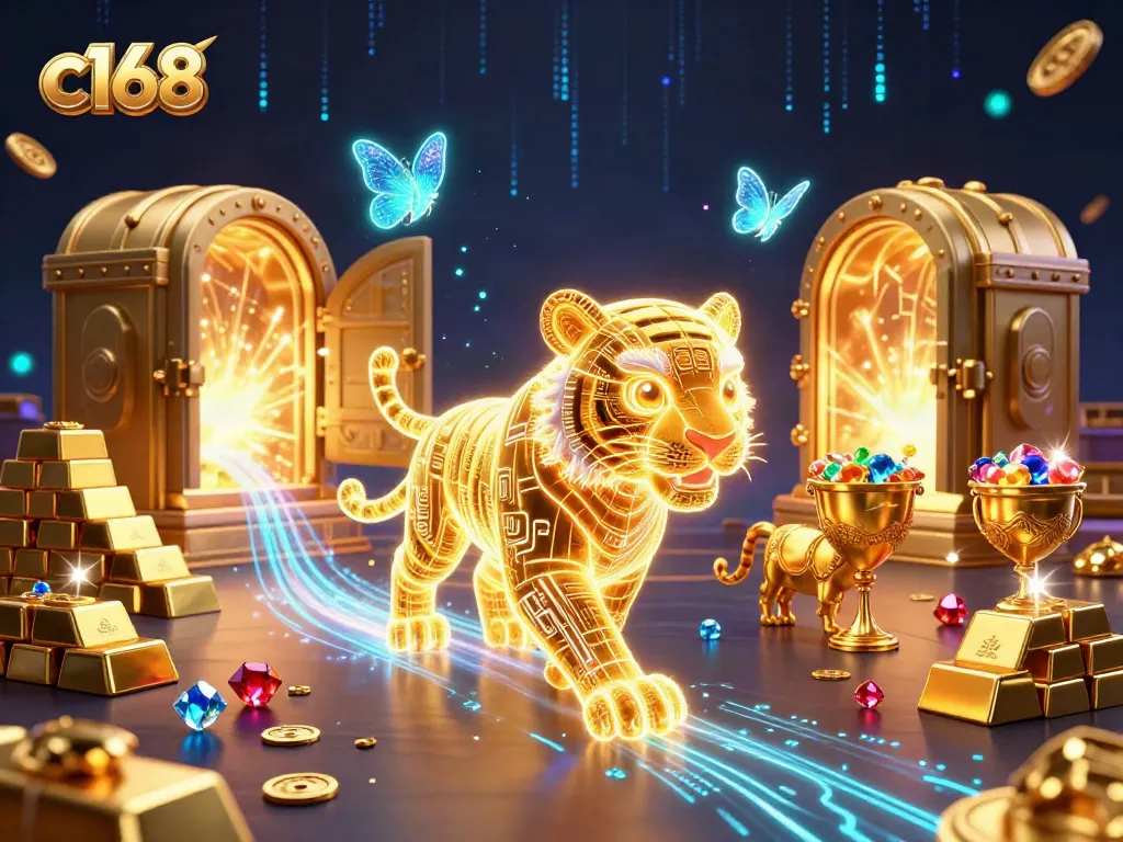 Engage with c168's vibrant casino fantasy featuring a luminous tiger in a digital setting.