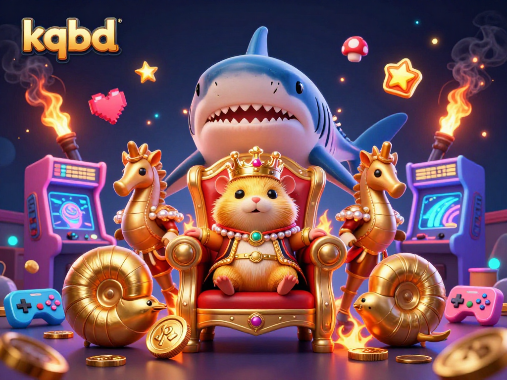 KQBD features an animated scene with a hamster king and seahorse guards in a vibrant casino setting.