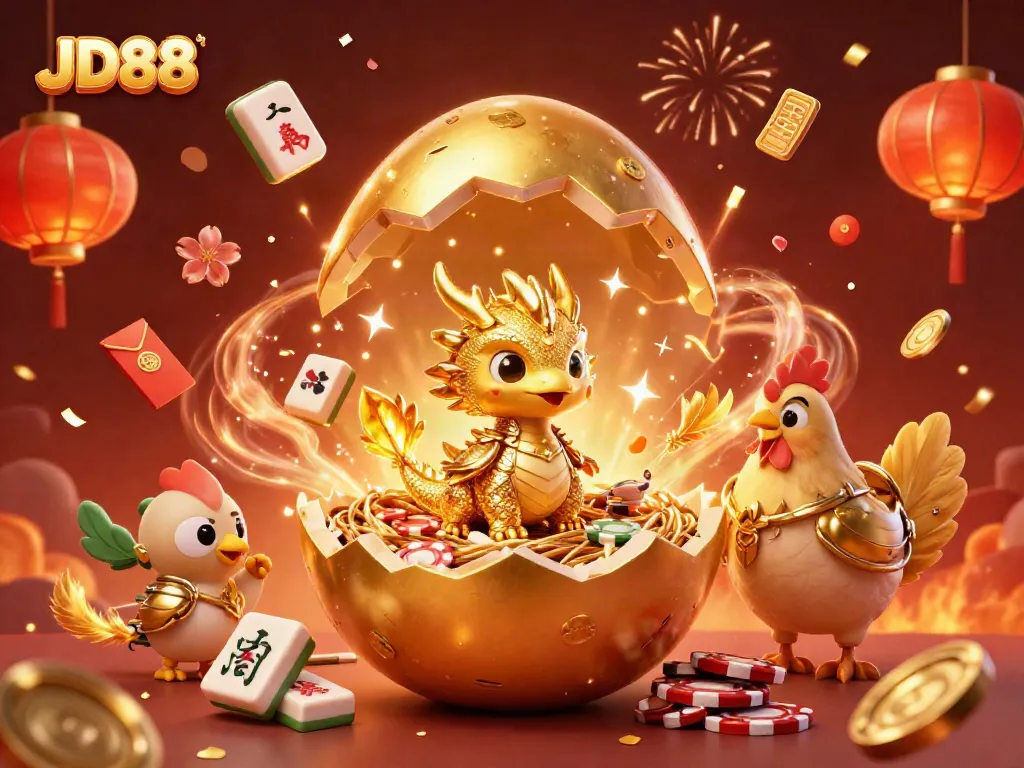 Experience JD88 with a vibrant scene of golden dragon, poker chips, and festive casino elements.