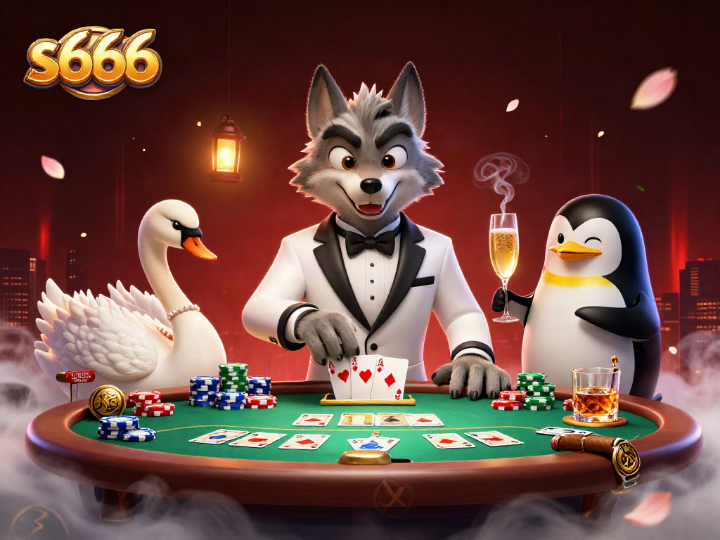 Experience the excitement of s666 casino with a debonair wolf, elegant swan, and penguin sommelier.