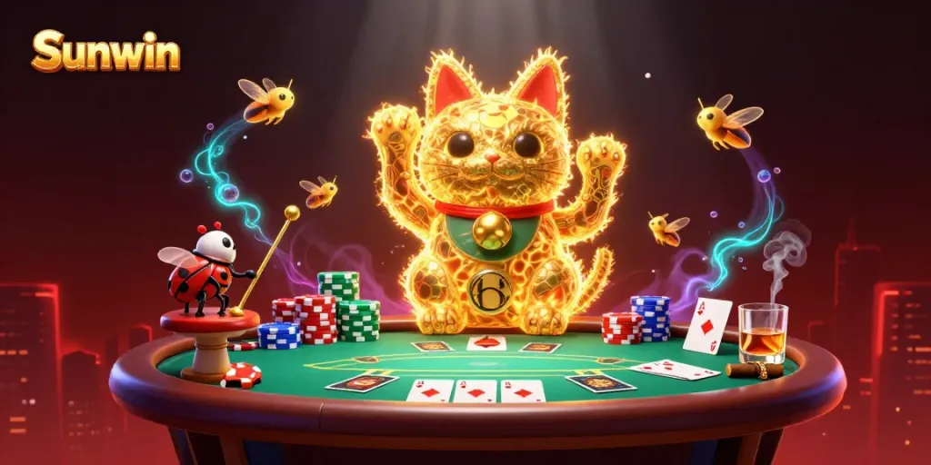 Sunwin's dynamic gaming experience illustrated with lucky cat casino symbols and poker elements.