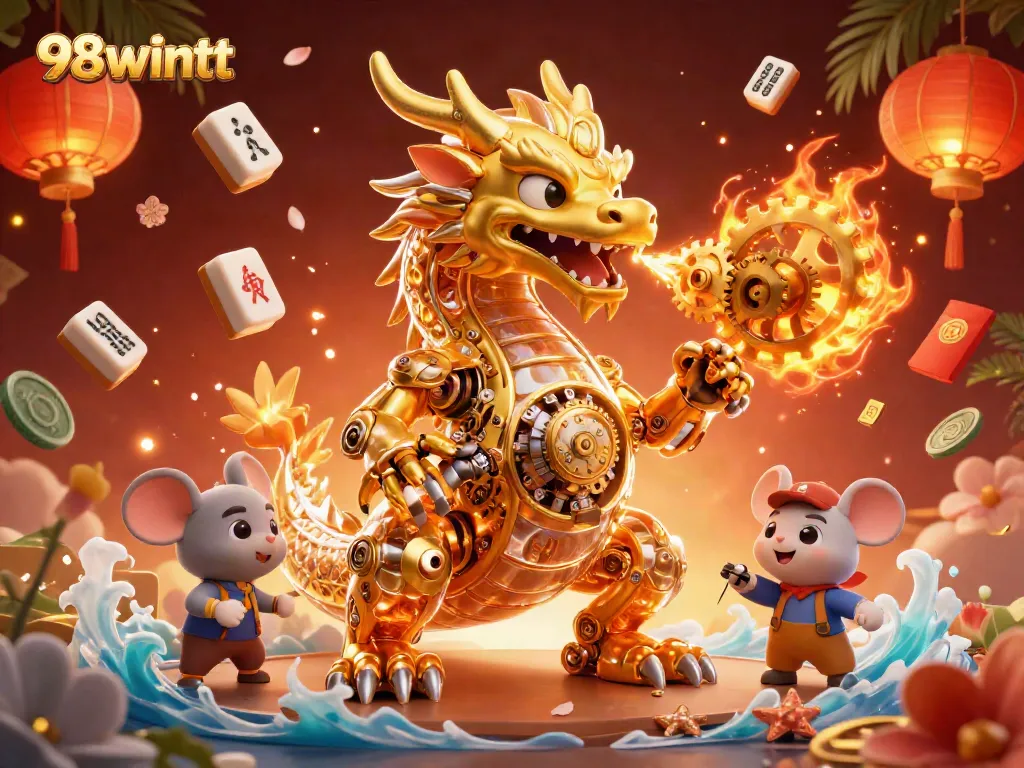 Boost your luck at 98wintt with a vibrant scene of a golden dragon and symbols of gaming riches.