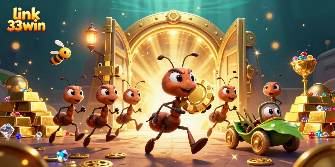 Capture the excitement with link 33win as ants steal a giant poker chip amidst treasures like gems and gold.