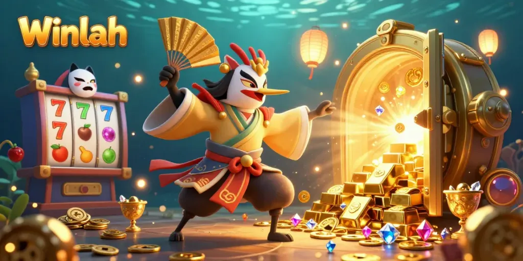 Experience Winlah's vibrant casino atmosphere with kabuki characters in a dynamic slot scene.
